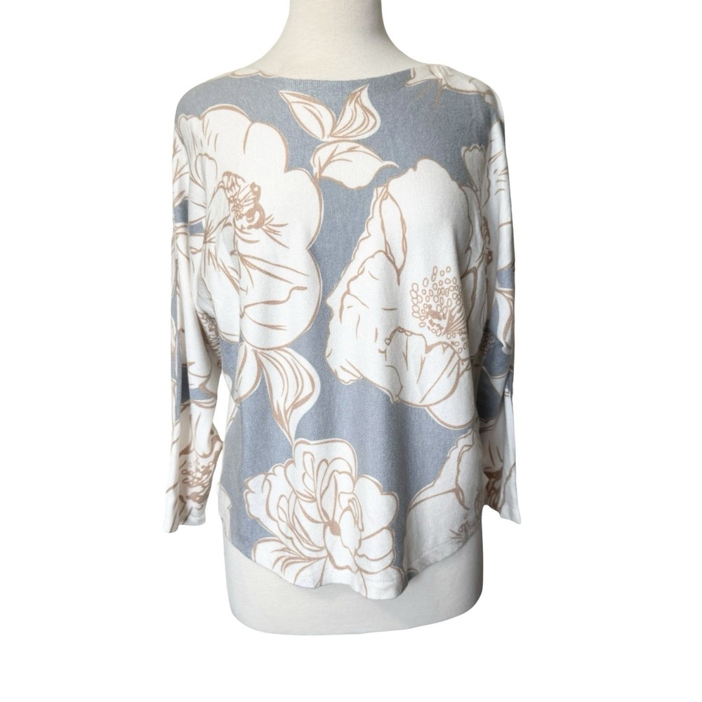 Sioni Floral Print Dolman Sleeve Soft Sweater Knit Top Size Large Blue White Tan